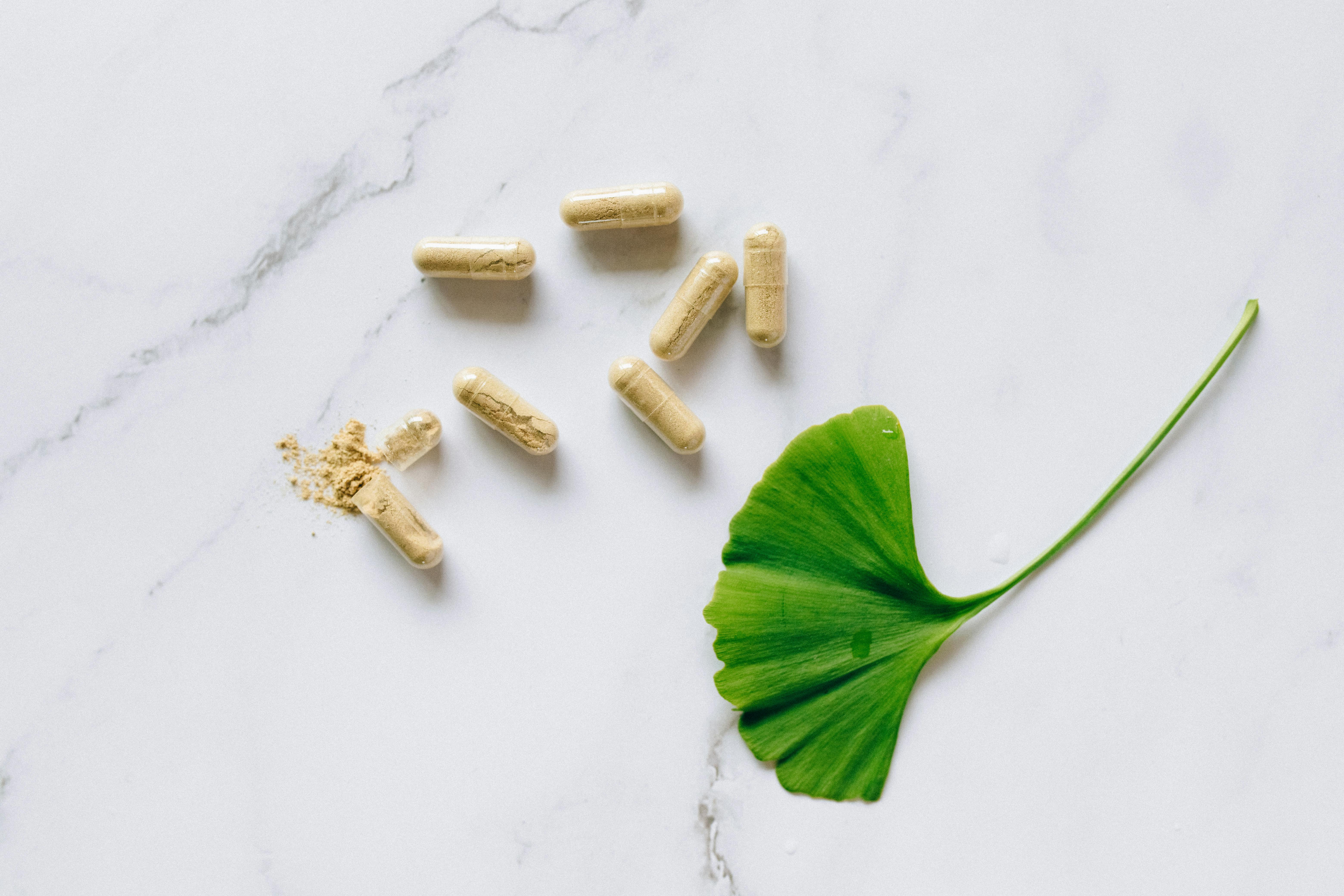 Ginkgo leaf and herbal supplement capsules arranged on a marble surface, representing natural adaptogenic supplements