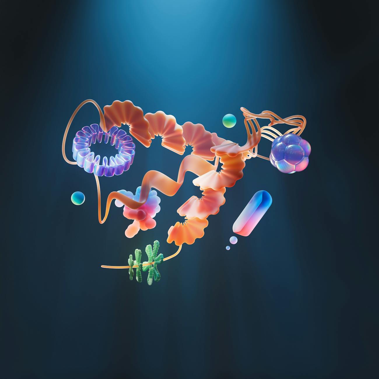 Abstract 3D illustration of a colorful molecular structure on a dark background, evoking the NAD+ precursor molecules NMN and NR.