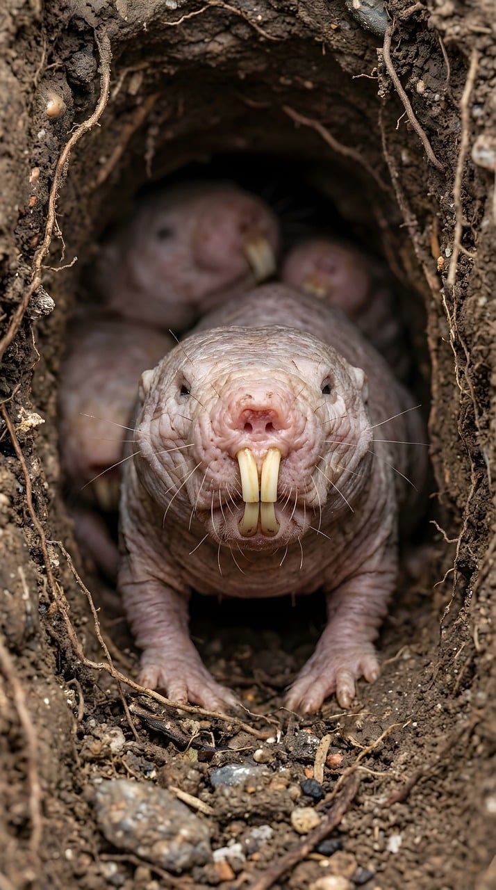 Close-up of a naked mole rat showing wrinkled pink skin, prominent incisors, and hairless snout